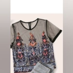 Paisley Embroidered Sheer Mesh Tee
